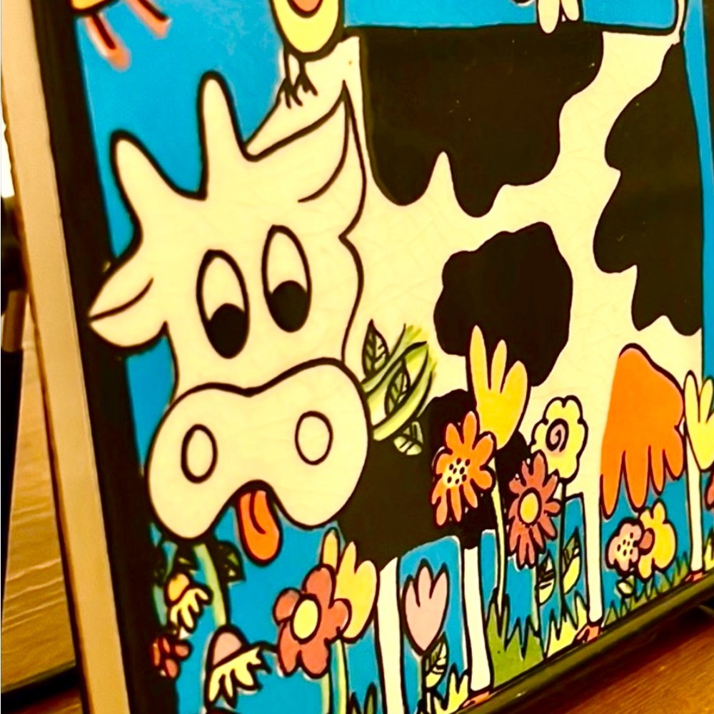 Handpainted Ceramic Tile Trivet Display Art Decor Cow and Bird Animal